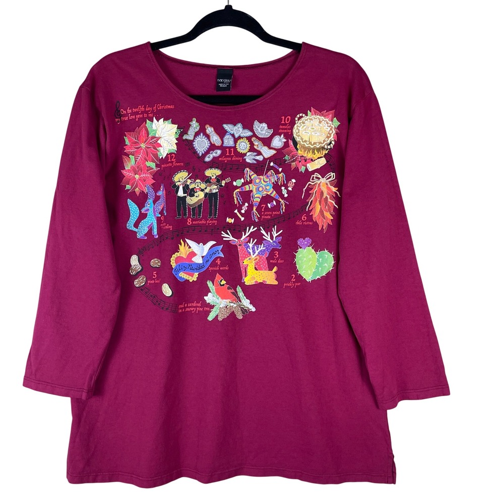 Sabaku Artwear Tunic Top Womens Medium Burgundy Excellent 12 Days of Christmas